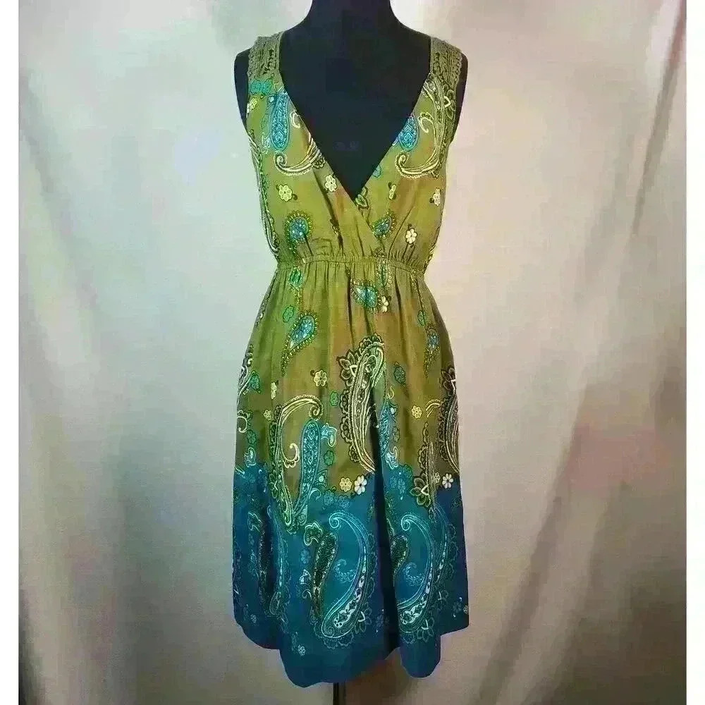 Apt. 9 Crochet Accent Deep V Bodice Green/Blue Border Print Sundress‎ Size M